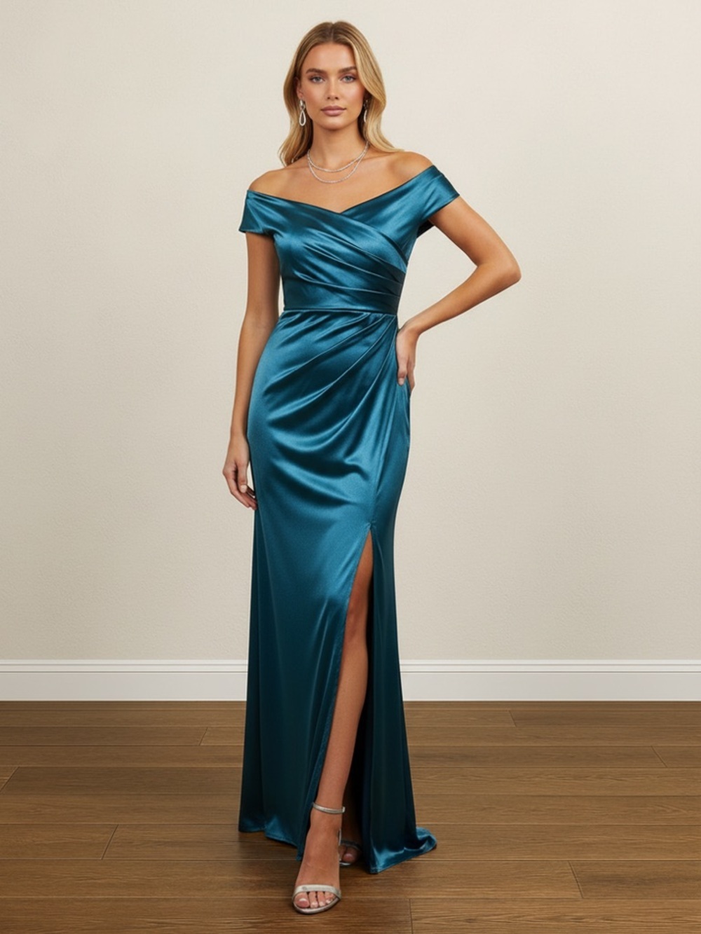 TURQUOISE BLUE MERMAID OFF SHOULDER SURPLICE SATIN MAXI DRESS